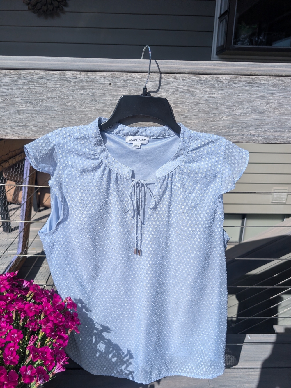 Calvin Klein Pale Blue Tie-Neck Flutter Sleeve Blouse
